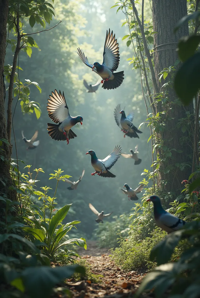 The pigeons, unaware of the danger, flew down to eat and got trapped in the net from jungle