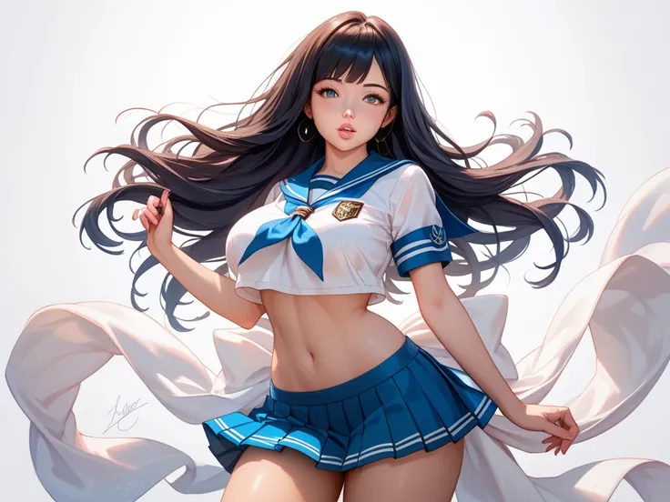 "Ultra-realistic anime-style illustration, hyper-detailed, full-body, a single beautiful young Japanese woman with extremely large breasts, inspired by Fuka Koshiba, soft silky black hair, deep brown expressive eyes, cute and innocent yet subtly seductive ...