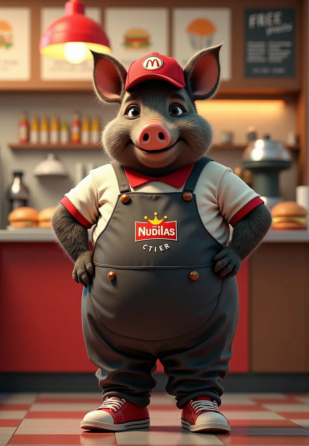 photorealistic full body portrait of Dressed animals - a ((fat)) (baby wild boar) fast food worker,(art by Giuseppe Arcimboldo),(happy smile:1.5),(furry), high quality,(lovely) hands on hips,, (Wearing fast food shop uniform) , (wearing apron and shirt wit...