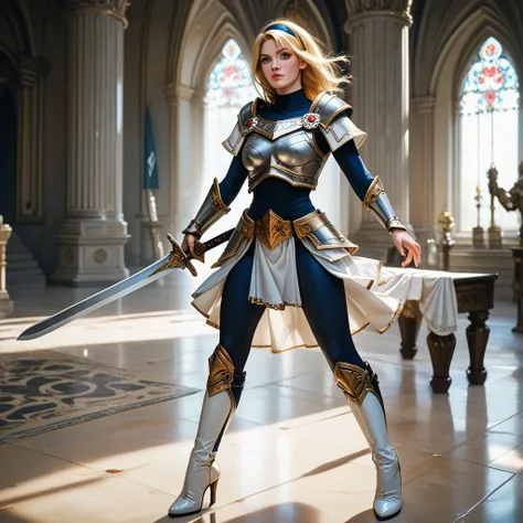 She is a tall, pale-skinned young woman with big blue eyes and shoulder-length large golden blonde hair, on top of which she always wears a dark blue headband, she is Extremely Beautiful Young Blonde Girl wearing armor with a silver-white breastplate and s...