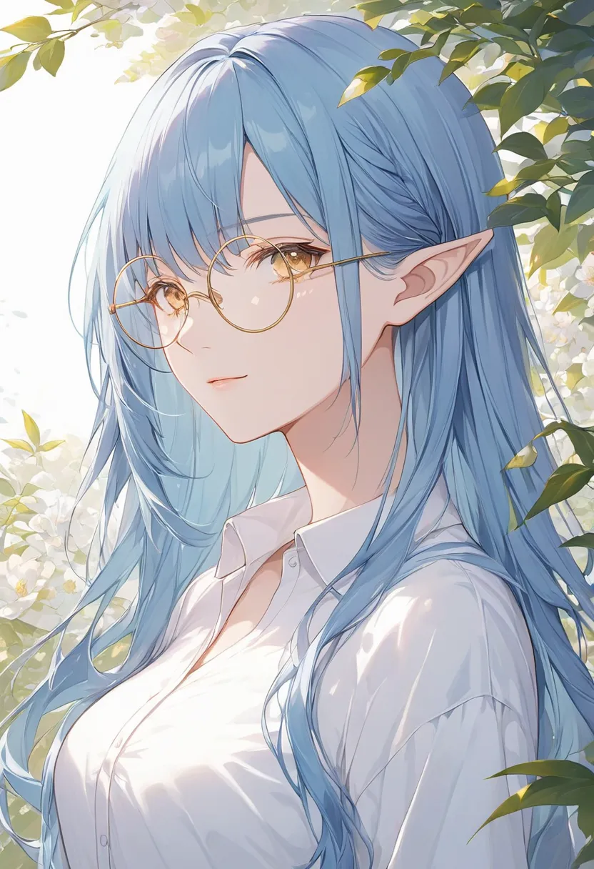 high definition,  long hair, Blue Hair,  golden eyes, , anime style ,  gentle, Elf, Comfortable smile , shirt, Wearing round glasses ,  mature