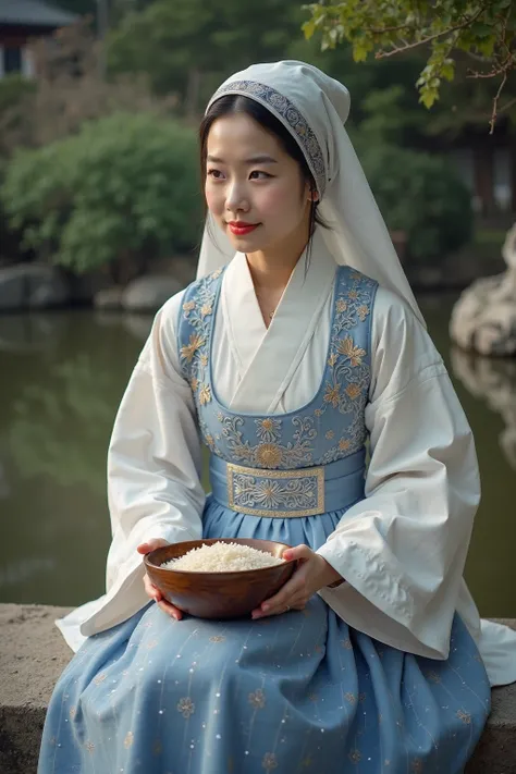 ((best quality)), ((exhaustive)), 17th-century Korean aristocrat women wear hijabs、wearing aristocratic attire, white and blue dress with silver embroidery, Hair covered with hijabs, Kind Face, sitting on a bench near a pond, feed rice to goldfish from exq...