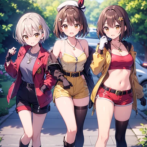 reisaRn stout,  short hair, brown hair, hair ornaments close to the garden, brown eyes, haircRp,
 thighsハイソックス, gloves,  above Decorati has ,  ジュエRー, jacket,  thighs, SHORTS, belt, necklaces, star \(  symbol \), short SHORTS, white headwear, brown gloves, ...