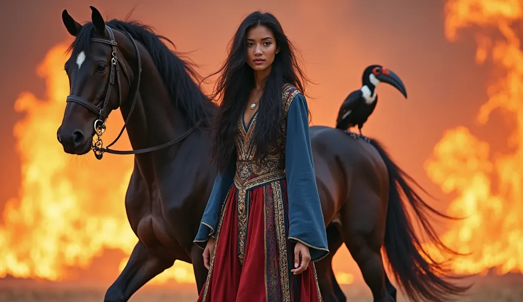 "Princess Among" (A Malaysian woman with long black hair is wearing a long tribal-looking dress that is blue on top, has a long-sleeved dress, and a red dress on the bottom)  stands strong and determined, with black horse, Tula, and black and white Hornbil...