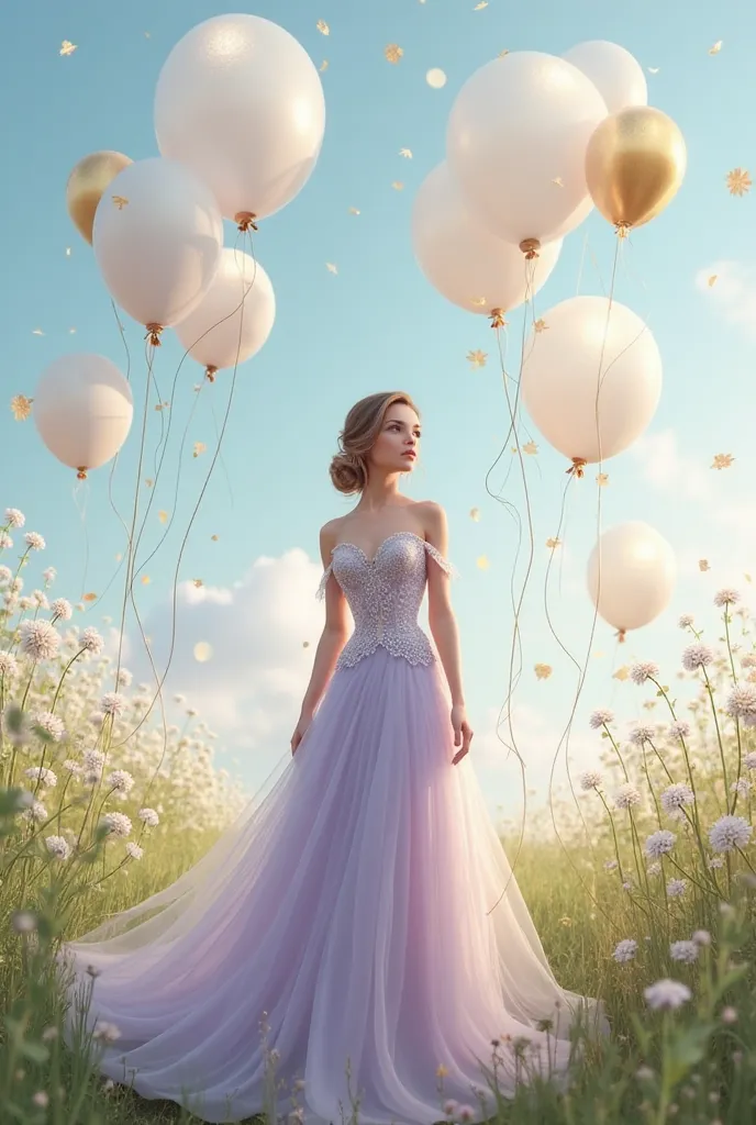 Wear white and gold balloons in a lilac wedding dress in the meadow