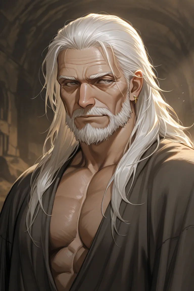 A old man with a sly look and white long hair and a muscular build 