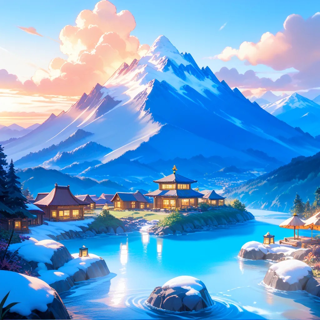  image of a city dweller wondering whether to move to an isolated island surrounded by sea and mountains, with multiple hot spring inns and residential areas.