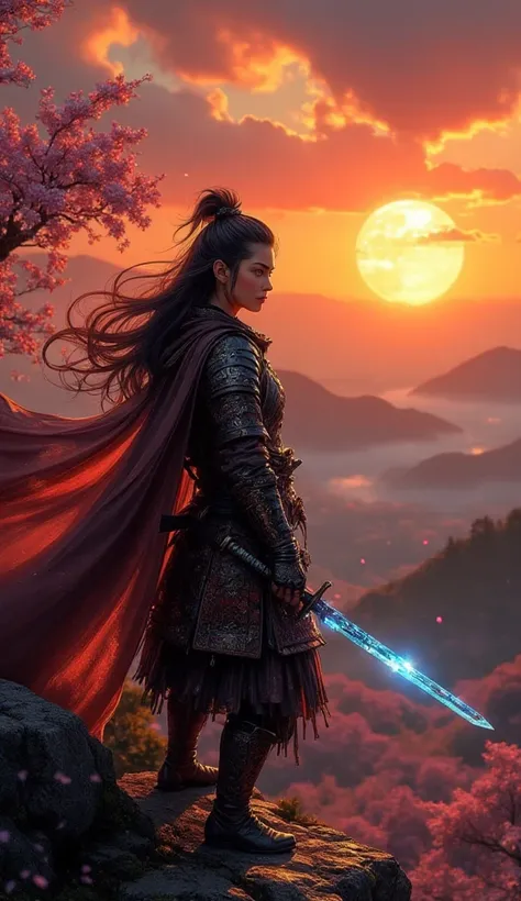 A mystical samurai warrior standing on the edge of a ruined temple, bathed in the golden light of a setting sun. The warrior wears intricately detailed armor with dragon engravings, a flowing tattered cape, and a katana glowing with an ethereal blue aura. ...