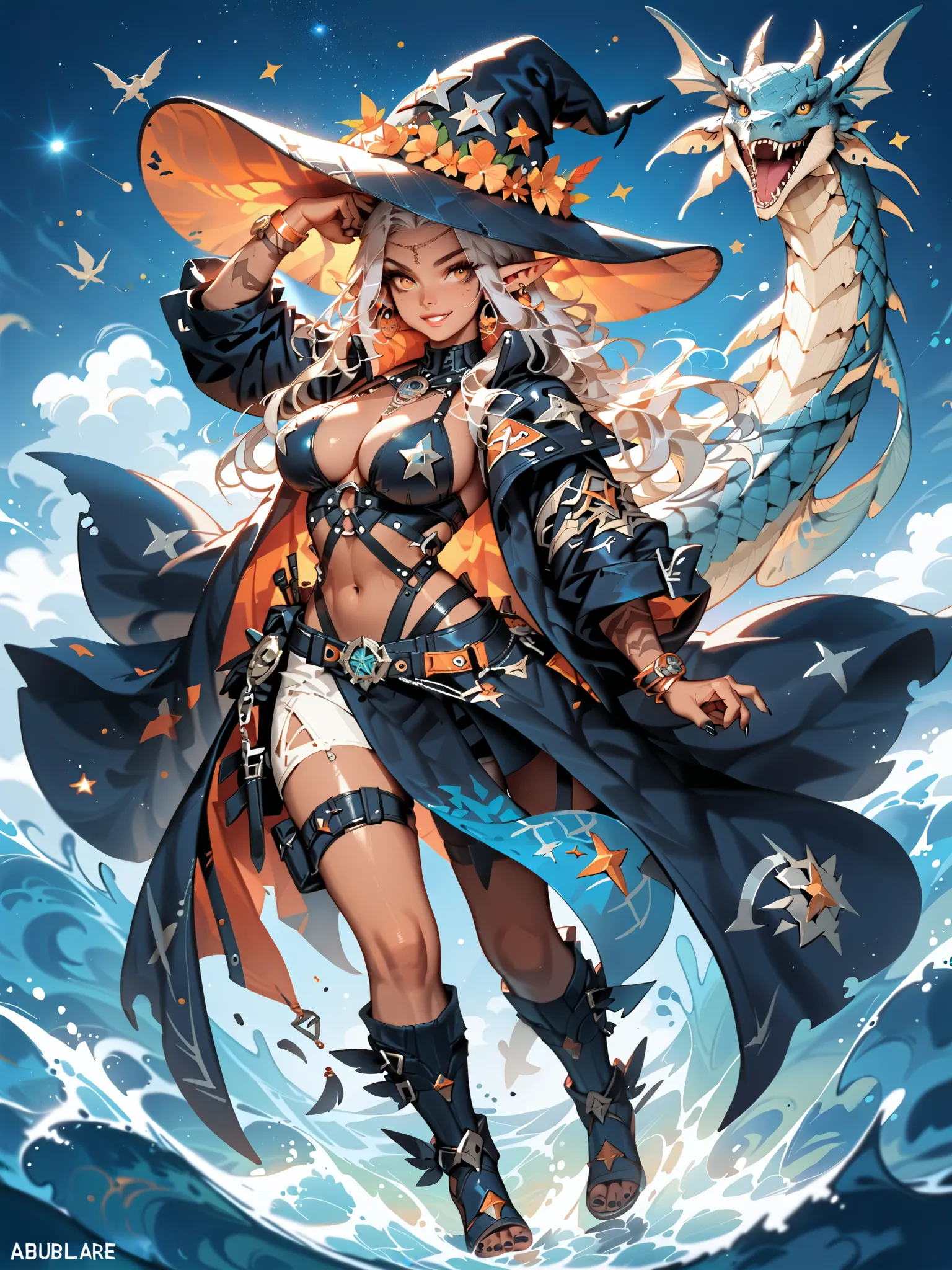 (from front, full body, look at viewer)age witch(Suspicious Smile ,  Silver Hair,brown skin,Big Breasts,curved proportions),（raising hands, dynamic pose),((Summon Marine Life、Summon behind the Witch,One giant sea dragon、close-up))。
revealing leather gothic...