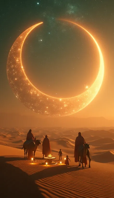 "A jaw-dropping 8K ultra-cinematic drone shot sweeps over a floating Ramadan mirage—a mystical oasis suspended in the heart of a cosmic sandstorm. Tiny workers, dressed in celestial silk robes woven with threads of moonlight, guide stardust-camels with sap...