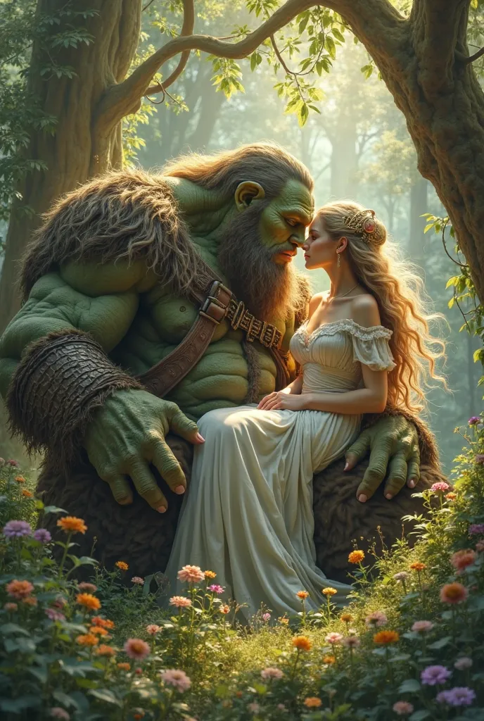 a maiden sitting on an ogre's lap in the middle of a forest