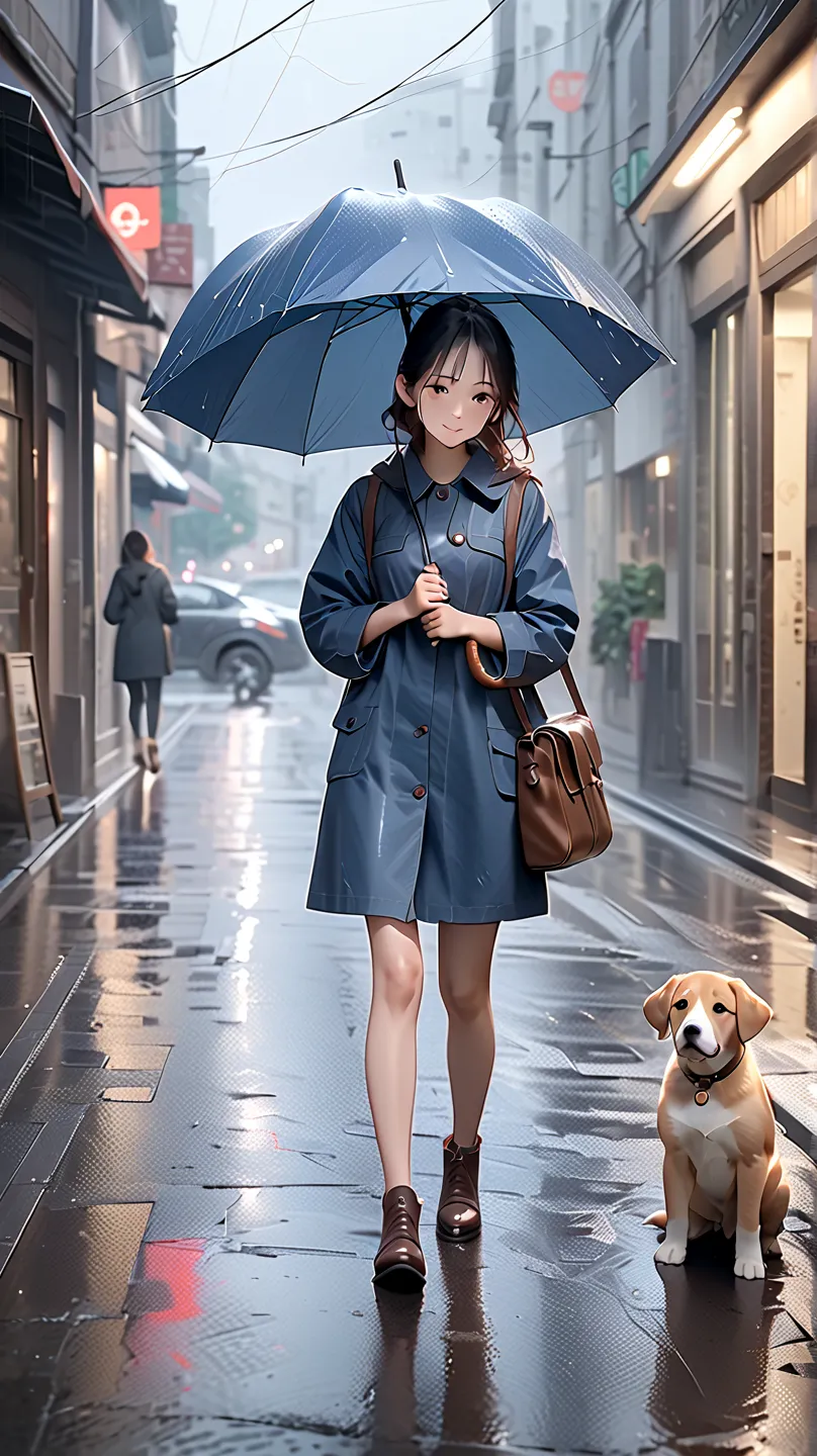 ((Masterpiece, best quality, highest quality, high resolution, photorealistic, raw photo, extremely detailed CG integrated 8k wallpaper))

Beautiful illustration, a cute girl is holding an umbrella in the rain, waiting for the rain to stop with a puppy