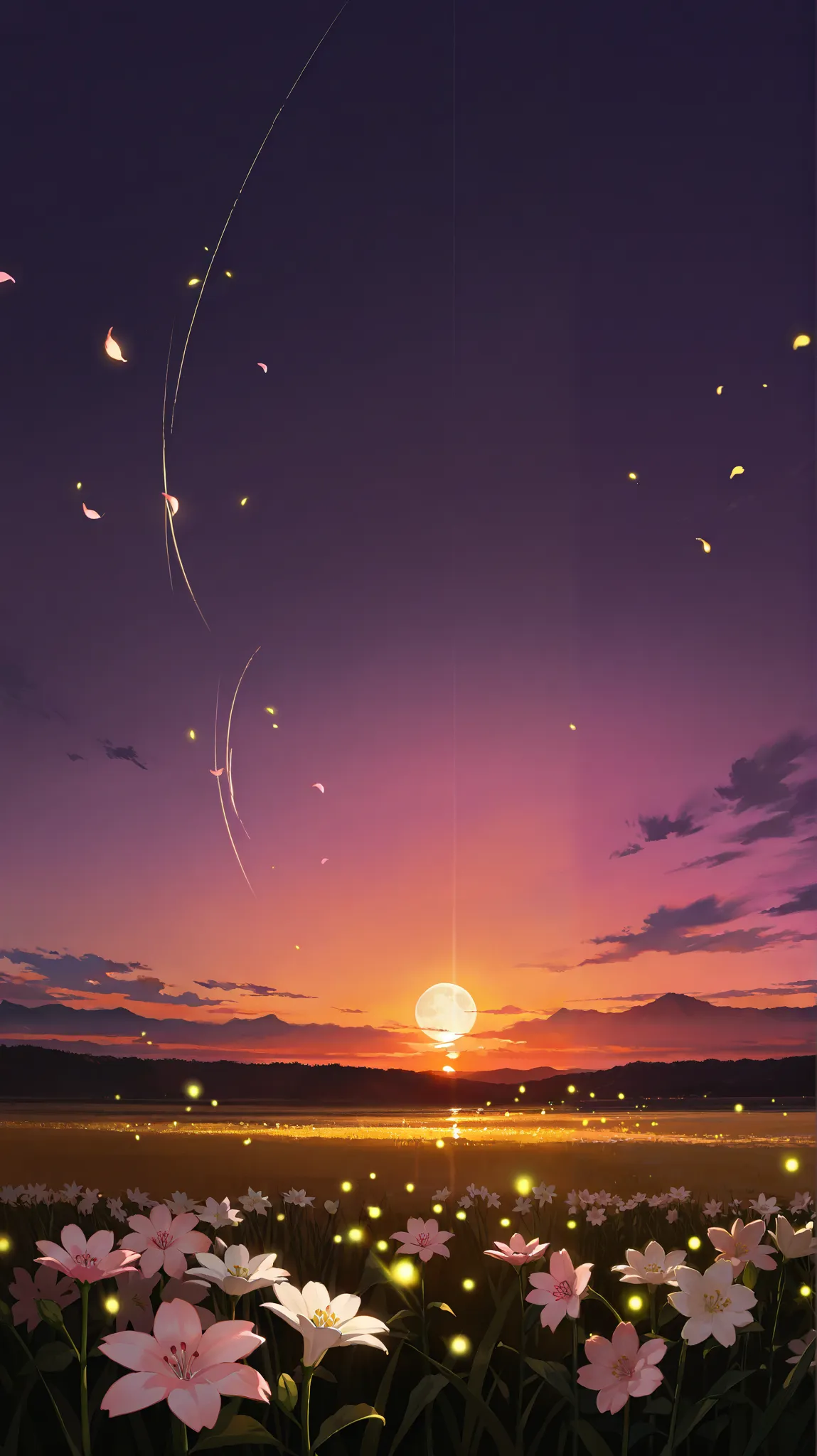 deep background  с небом пронзительного цвета, evening, pale moon, dark purple sky, Sunset,  Zarya , golden and warm yellow fireflies and sparks, deep background , background depth, 2D image volume, field, pink sakura ,  Sakura petals , white lilies
