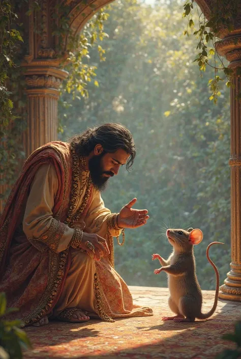 Scene 6: Raja bowing down to the mouse, looking humble and respectful, with a speech bubble saying "Main tumse seekhne ke liye taiyar hoon".