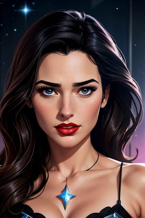 A portrait of a beautiful female whose facial features are a combo of Nigella Lawson + Gal Gadot. The female's hair is untied and hangs loose. The female wears a sparkly black evening dress and black high-heeled shoes. The female has lovely makeup on her f...