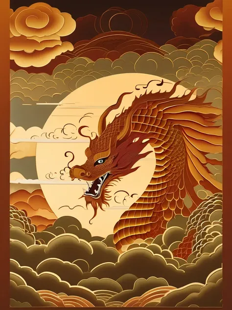 ukiyo-e、  In the clouds、geometric model、insufficient々   Golden Dragon、ukiyo-e,       Golden Cloud   、8k、 nothing ,  Dragon with Open Mouth、Ultra High Precision, high resolution models,   Sharp Claw 、