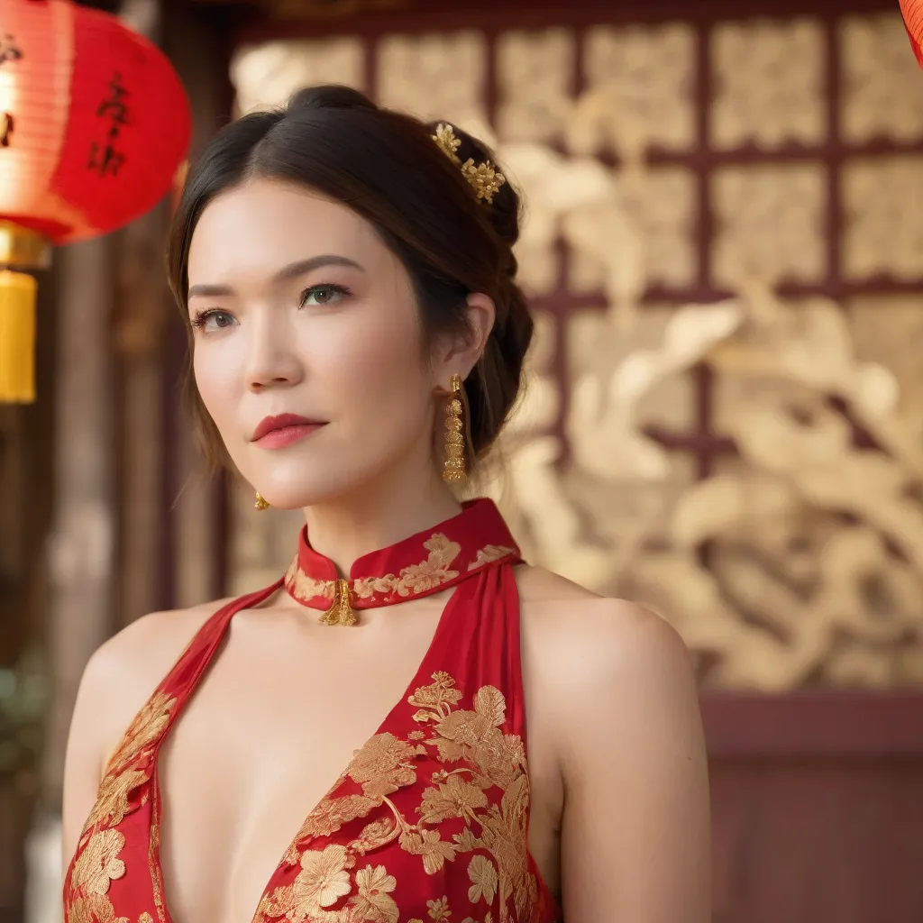 best quality, highres, 8k, masterpiece, photography, detailed midbody photorealistic portrait. Mandy Moore is seen in Chinatown, wearing an elegant red and gold qipao-inspired lace lingerie set, featuring a high-collared lace bralette with golden embroider...