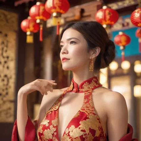 best quality, highres, 8k, masterpiece, photography, detailed midbody photorealistic portrait. Mandy Moore is seen in Chinatown, wearing an elegant red and gold qipao-inspired lace lingerie set, featuring a high-collared lace bralette with golden embroider...