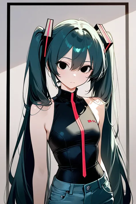 Hatsune Miku emo with black hair and black eyes