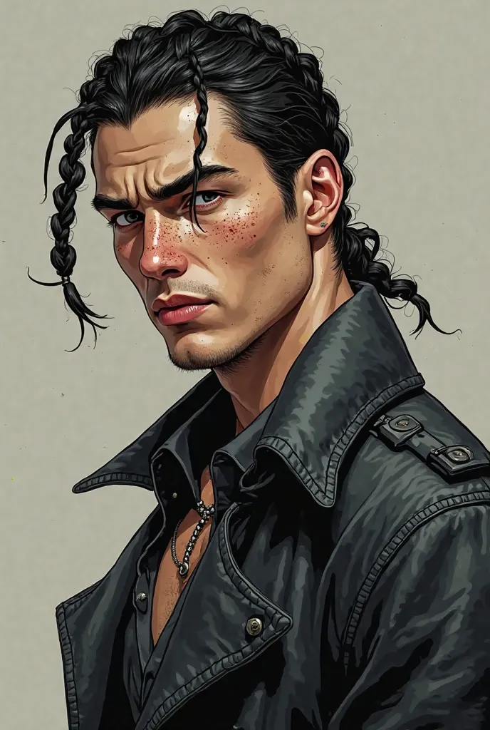 Please draw me a white man with freckles and short black braids in a black leather coat in the style of a realistic comic book.