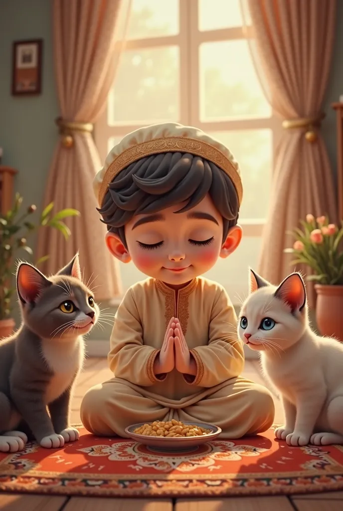 Ramzan welcome cute muslim boy baby.  With 2 cat eating food pray nmaz. Islamic pakistani style.  Imamama on head 