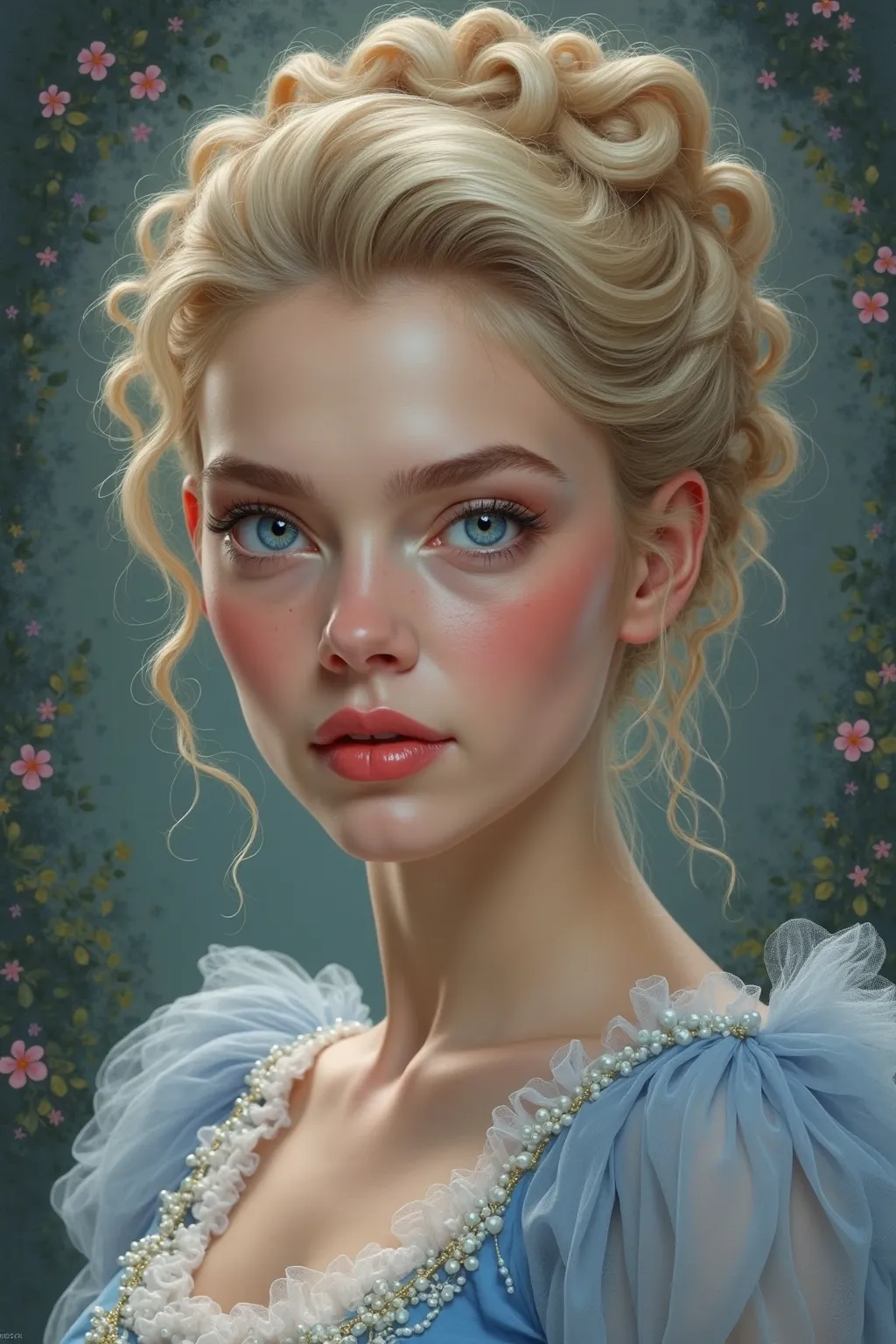 drawing of a blonde beauty, elegant updo with corkscrew curls, sharp noble facial features, big clear blue eyes, light blue dress, Regency period, fantasy portrait art, Anya Taylor-Joy