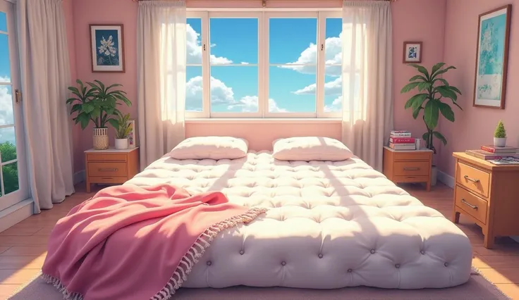 create a room with anime style view camera right in the middle of the mattress,the mattress is white but the tampa blanket 