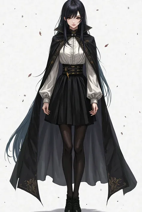 human young girl, 1.55 meters tall, slim body, big breasts, long black hair, black eyes, white skin, beautiful face. Wearing the long sleeves white shirt, knee height black skirt, black pantyhose, black shoes, black mage cloak. Medieval fantasy world, prin...