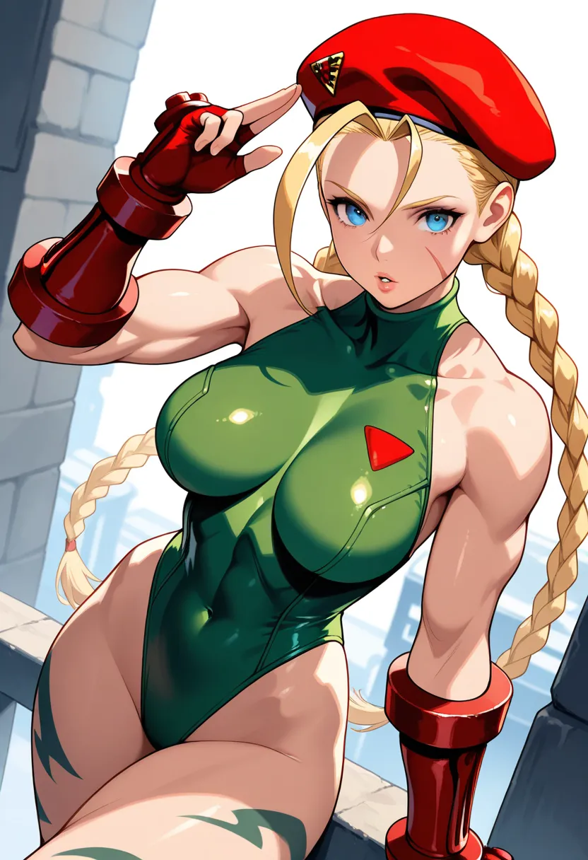 1girl, cammy white, street fighter, solo, breasts, leotard, green leotard, blonde hair, blue eyes, hat, braid, beret, twin braids, long hair, scar, large breasts, covered navel, red headwear, looking at viewer, highleg leotard, fingerless gloves, gloves, s...