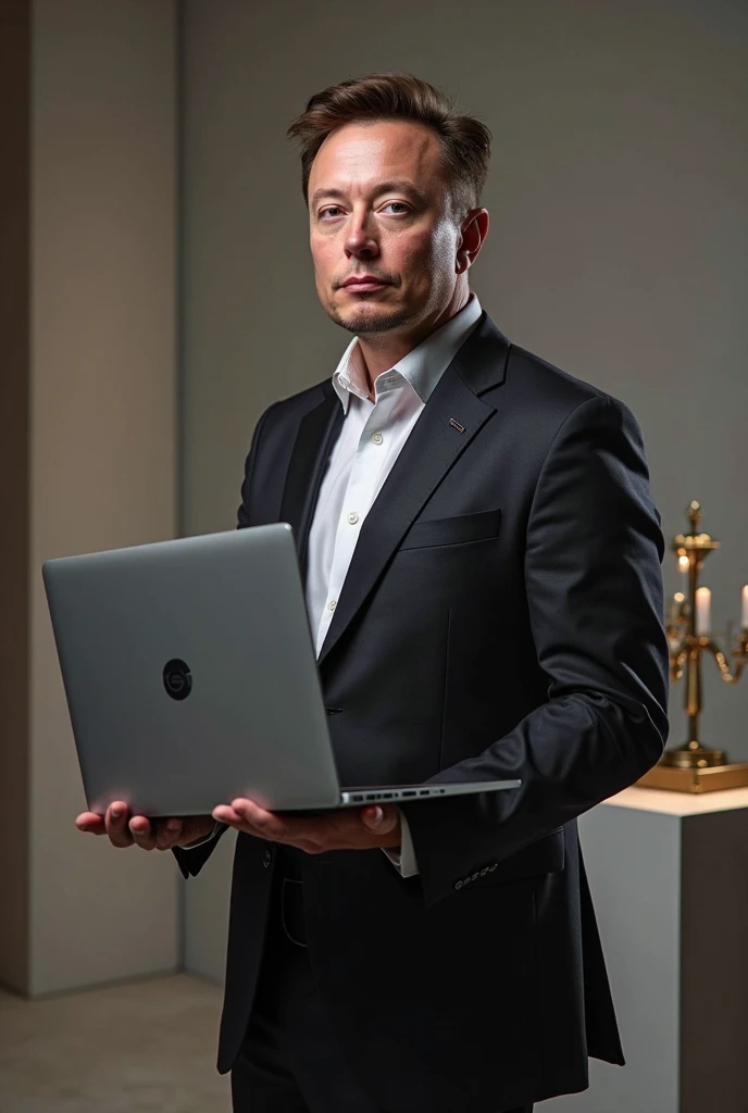 Draw a picture of Elon Musk holding a laptop and make a standing photo