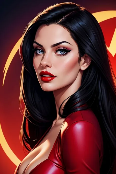 A waist-up portrait of a beautiful female whose facial features are a combo of Aria Giovanni + Jelena Jensen + Kelly Brook. The female's hair is untied and hangs loose. The female wears a red dress and black high heels. The female has lovely makeup on her ...