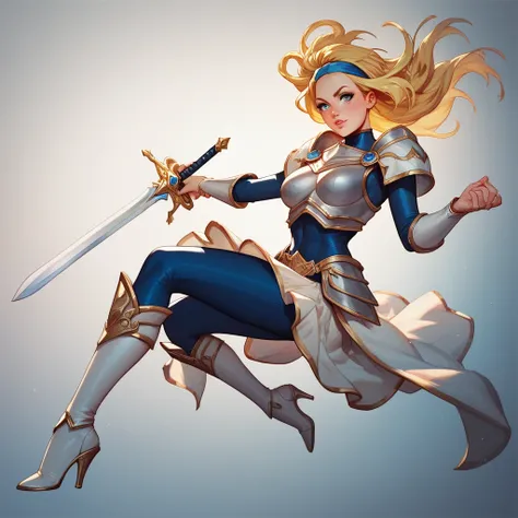 She is a tall, pale-skinned young woman with big blue eyes and shoulder-length large golden blonde hair, on top of which she always wears a dark blue headband, she is Extremely Beautiful Young Blonde Girl wearing armor with a silver-white breastplate and s...