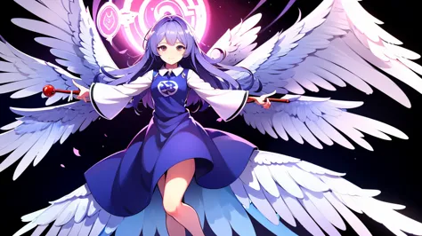 an animated anime drawing of a woman with huge wings holding a staff, well-formed face, ultra cute face, ultra detailed eyes, ultra detailed hair, ultra cute, ultra beautiful, ((high end)), (UHD picture), (best quality,4k,8k,highres,masterpiece:1.2), top-q...