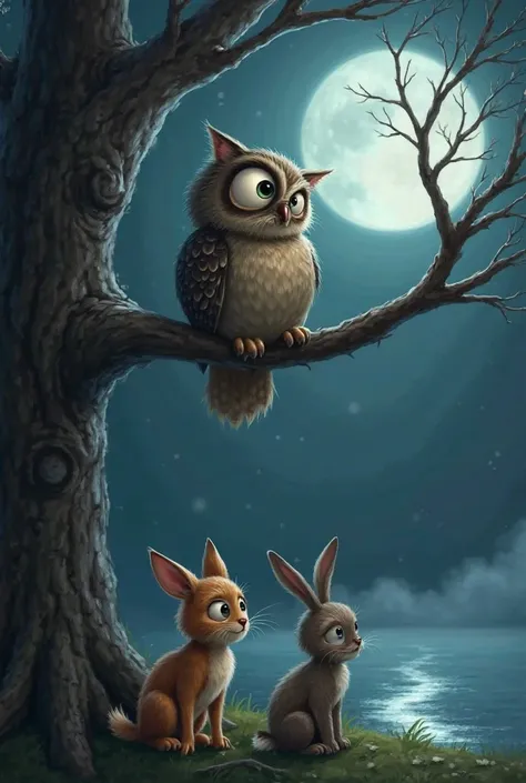 A wise, old owl with large eyes perches on a tree branch under the moonlight. Below, Leo the cat and Benny the rabbit look up, appearing surprised and curious. The background has a misty river in the distance, adding to the suspenseful mood.