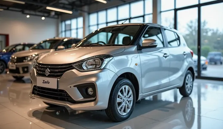 "A high-definition side front view of a 2025 Maruti Suzuki Alto in a shining silver color, displayed in a beautiful showroom with bright lighting and a polished floor. The car's sleek headlights, grille, and alloy wheels are prominently visible, reflecting...