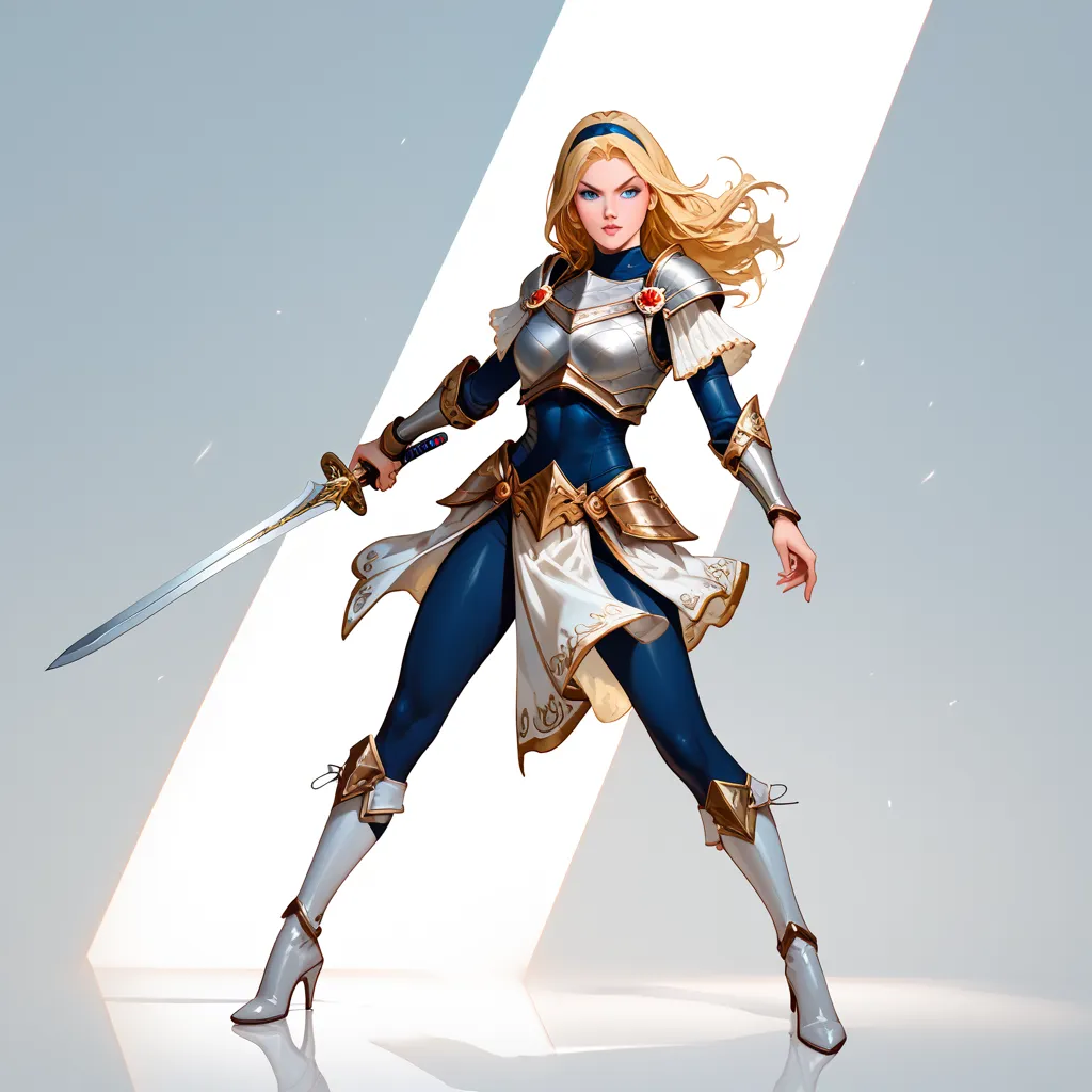 She is a tall, pale-skinned young woman with big blue eyes and shoulder-length large golden blonde hair, on top of which she always wears a dark blue headband, she is Extremely Beautiful Young Blonde Girl wearing armor with a silver-white breastplate and s...