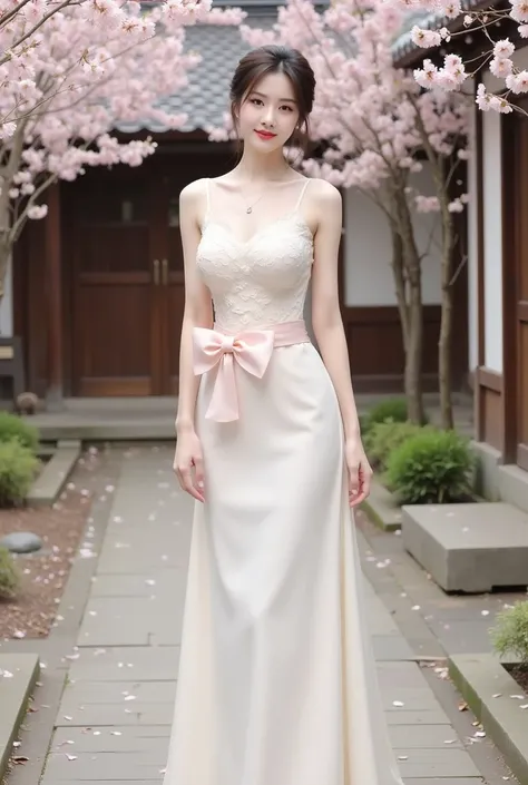 a woman standing elegantly in an outdoor setting adorned with cherry blossoms. She is wearing a fitted, ivory-colored gown featuring delicate floral lace details on the bodice and a soft pink bow around her waist. The dress has thin straps and flows gracef...