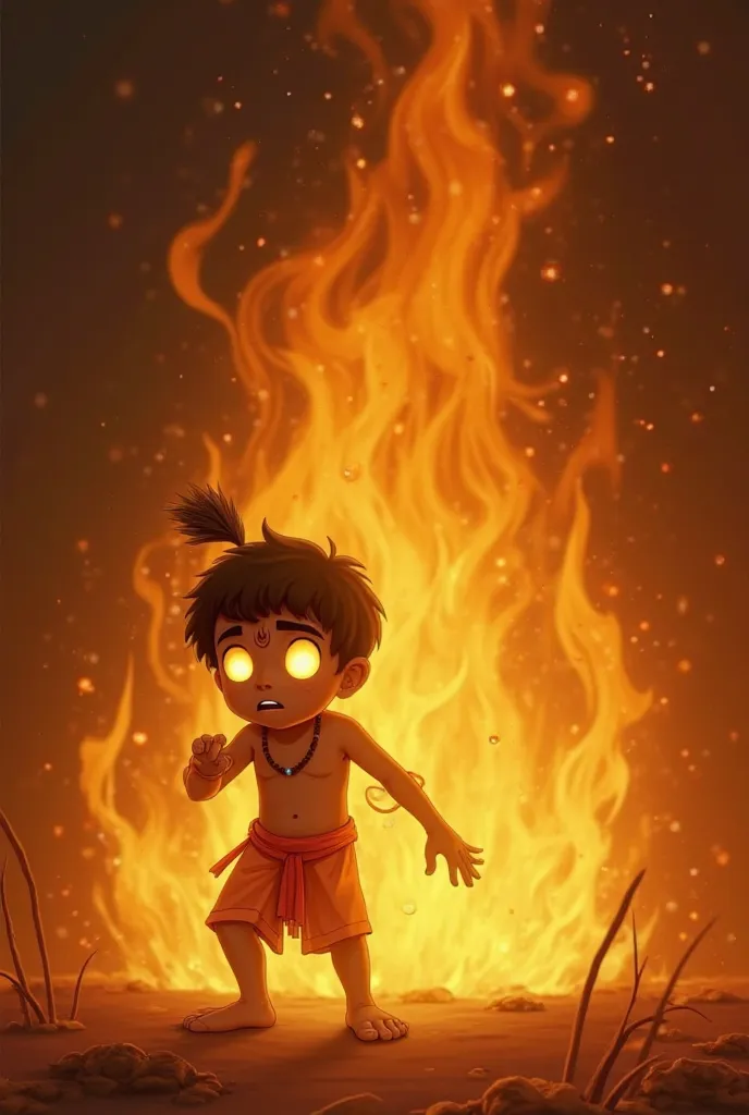 A divine golden light surrounds Prahlad as he remains unharmed in the fire. His eyes glow with faith, while Holika looks shocked as she begins to burn. The flames take on a mystical, almost divine shape.