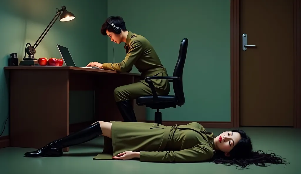 (masterpiece, best quality, official art, beautiful and aesthetic:1.2),photorealistic:1.4,extreme detailed,colorful,highest detailed,CREATE A FEMALE HOMICIDE SCENARIO，Behind the desk on the floor, there is the body of a black-haired  Chinese beautiful youn...