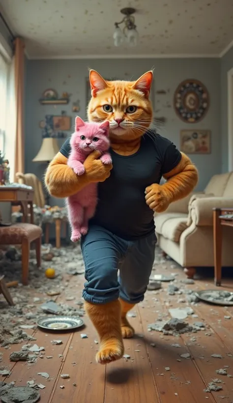 "A muscular anthropomorphic orange cat, dressed in a tight black T-shirt and blue pants, is rushing through a chaotic, wrecked living room while carrying a small, fluffy pink cat in his arms. The pink cat appears mischievous, looking playful and smug, whil...