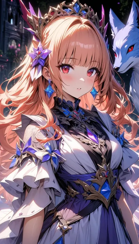 Ultra detailed, HDR, Highres, absurdres, master piece, beautiful young woman, princess, long light orange hair with bangs, red eyes, fair complxion. Earrings.Solo. purple dresss. Bright. Fox.