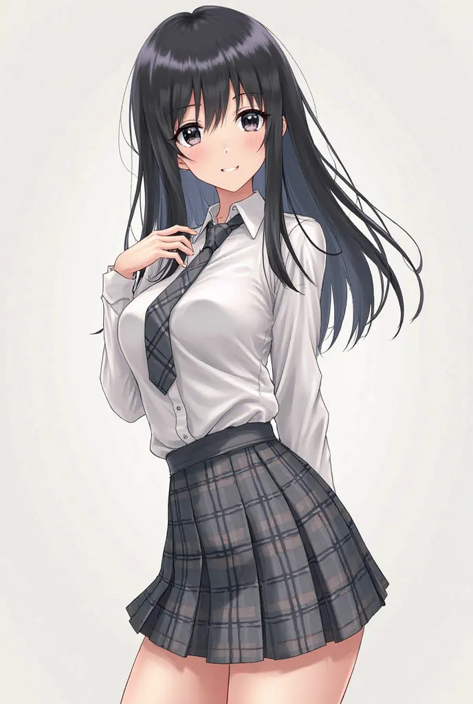 Female student wearing a white shirt Gray tie and skirt with a Scottish design. White long socks with brown lining She looks like a Thai girl. She has long neat black hair, black eyes, and a sharp face. Turn sideways and look at way. be anime 