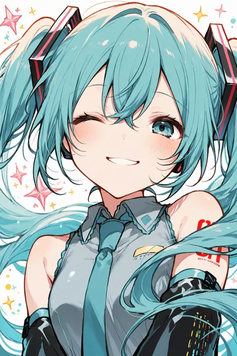 General,Komeshiro Kasu style, r17329_illu,usnr, luisap,hzk,masterpiece, best quality, ultra-detailed,r17329_illu,usnr,xxx667_illu,Cute 1girl\(hatsune miku\), close-up shot, dynamic pose, slightly low angle, winking with a cheerful smile, Kawaii style, Cel ...