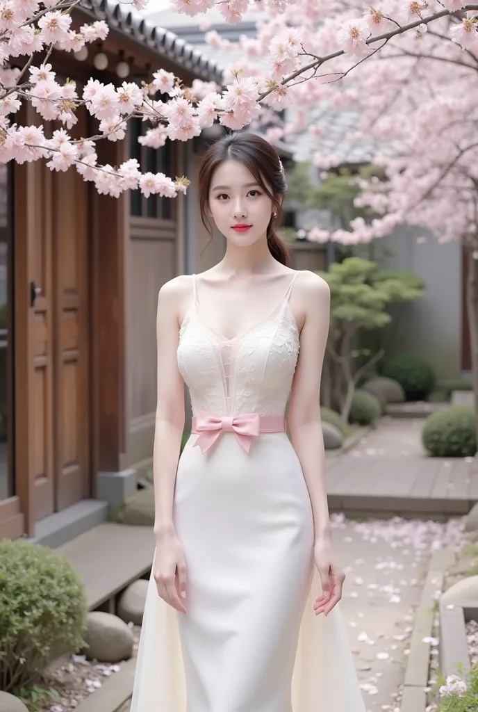 a woman standing elegantly in an outdoor setting adorned with cherry blossoms. She is wearing a fitted, ivory-colored gown featuring delicate floral lace details on the bodice and a soft pink bow around her waist. The dress has thin straps and flows gracef...