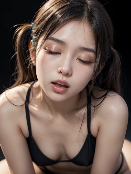 Realistic portrait of an 18 year old young japanese girl, petite body, nubiles body, small breasts, tiny tits, flat chest, black hair, fringe, long twin tails, sweet and angelic face, thin and upturned nose, closes eyes, big and highly detailed light brown...