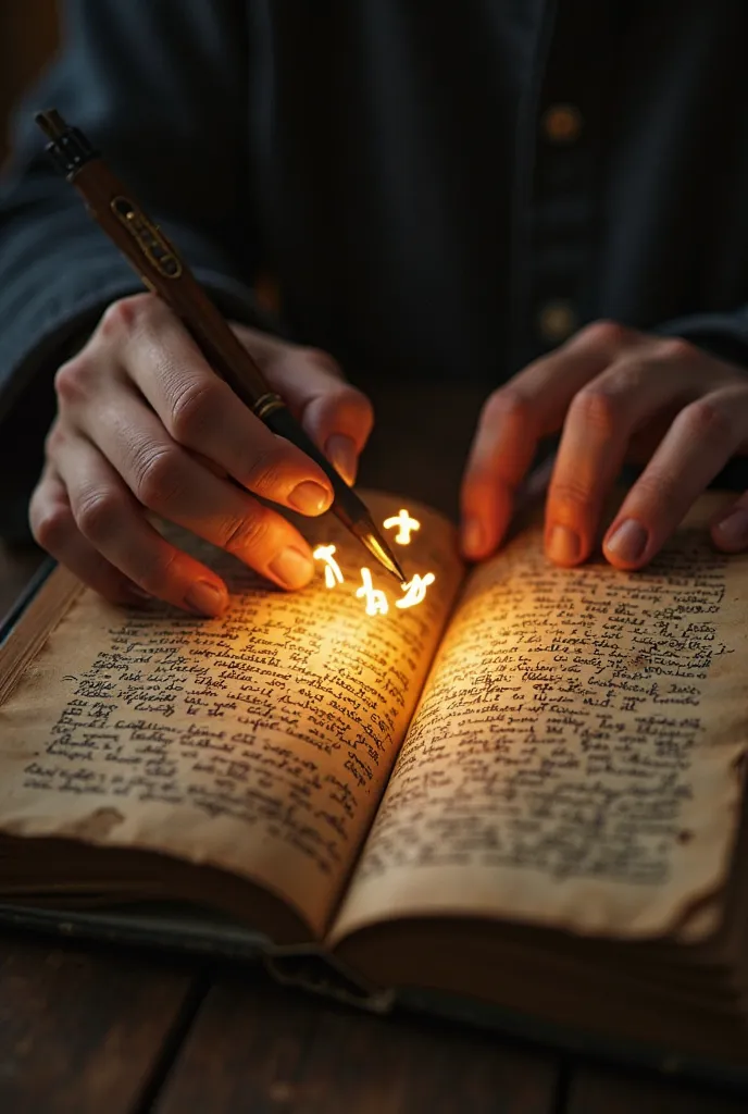 "A close-up of the open notebook resting on an old wooden desk. The pages are covered in strange symbols and riddles that start glowing with a golden light. Aiden’s hands are visible, his fingers gently touching the magical letters as they float slightly a...