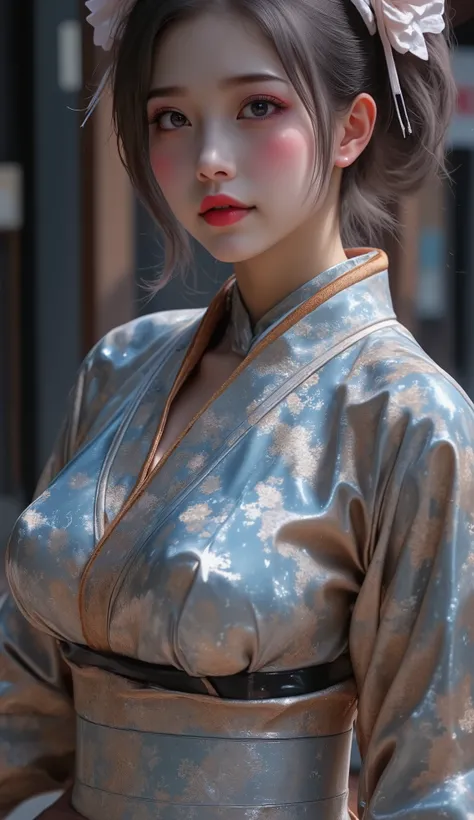    1 mature beautiful woman  ,(excellent performance:1.3, Top Quality :1.3, Highly Detailed Images:1.3, Amazing High Definition :1.3, high quality anime drawings ),( Japanese maid:2.0),(Transparent Silver Latex Japanese Kimono:2.0,Bright Embroidered Pictur...
