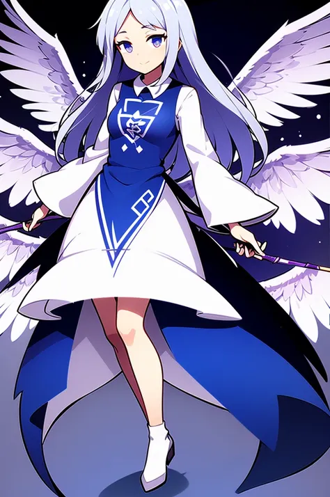 an animated anime drawing of a woman with huge wings holding a staff, well-formed face, ultra cute face, ultra detailed eyes, ultra detailed hair, ultra cute, ultra beautiful, ((high end)), (UHD picture), (best quality,4k,8k,highres,masterpiece:1.2), top-q...