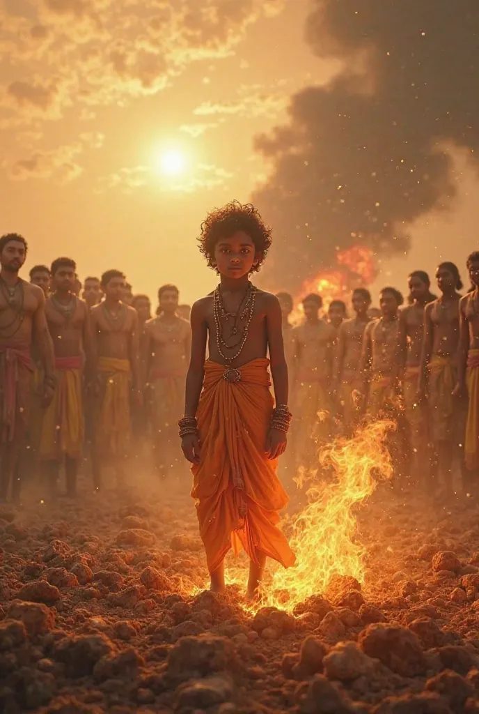 The fire dies down, and only ashes remain where Holika sat. Prahlad emerges, untouched, with a serene smile. The sky clears, and the people in the background watch in amazement.
