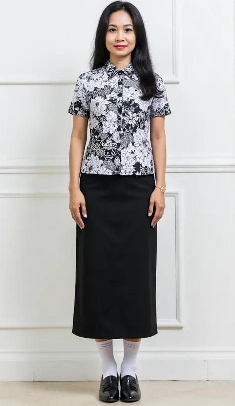 One Indonesian mature woman, Ages around 30-40, normal face, no broken face, black long hair,wearing white fit indonesian batik PGRI teacher uniform and fit black long skirt, add black shoes and white socks to her feet, standing pose, full body, head to fe...